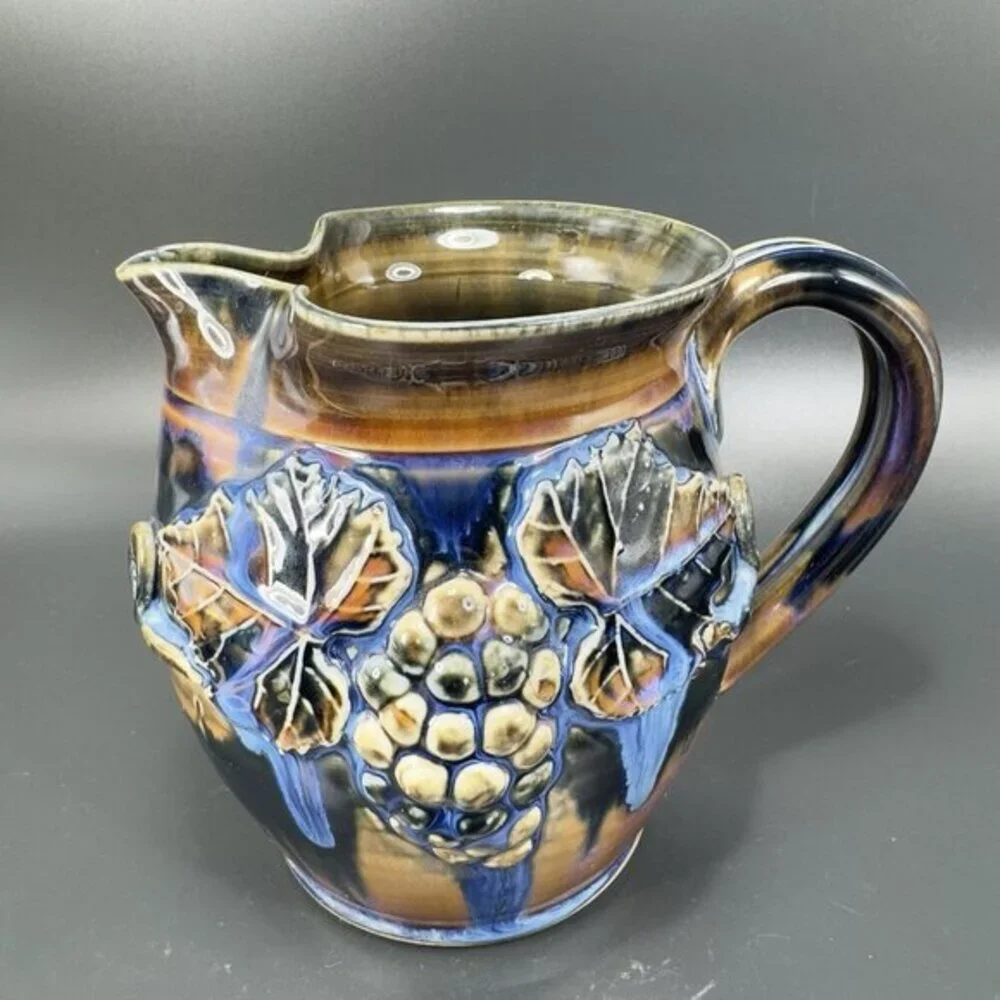 Greg Olson Studio Art Pottery Pitcher Carafe Jug Heavy Glaze Grape Signed‎ VTG